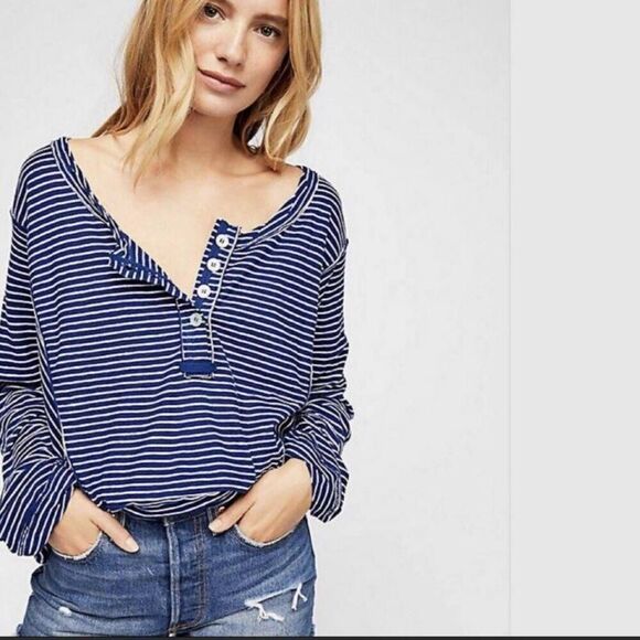 We The Free People Hong Kong Tee Long Sleeve Stripe Henley Blue White - Picture 1 of 5